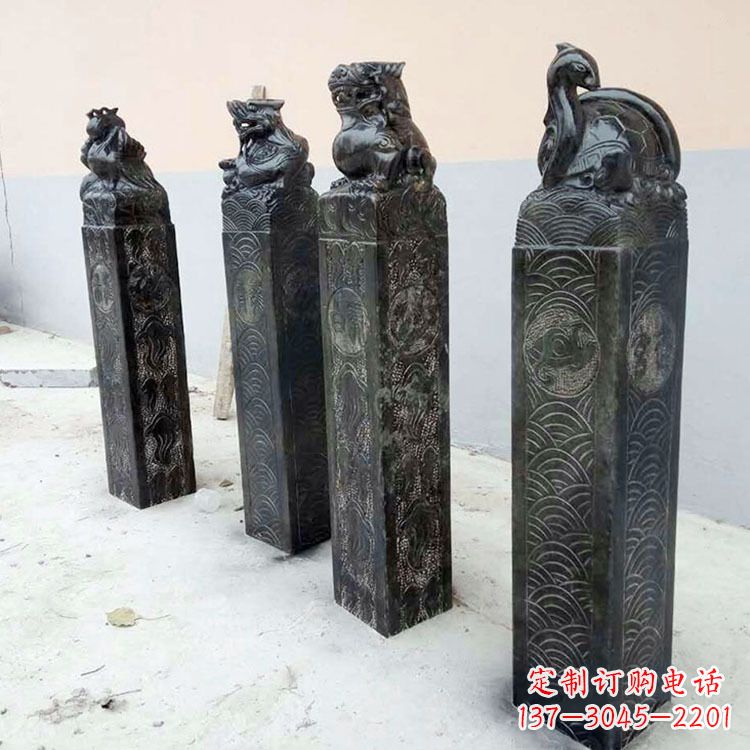 甘肃四方神兽青石仿古栓马柱