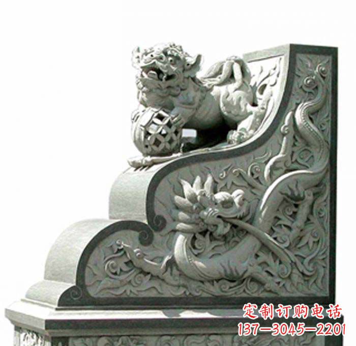 甘肃寺庙景观玩绣球狮子石雕门墩