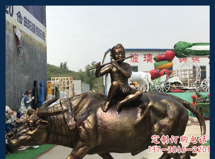甘肃田园铜雕木头骑黄牛动物雕塑