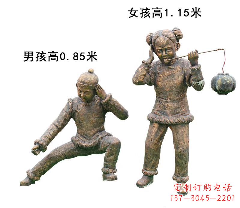 甘肃铜雕放鞭炮的儿童童趣雕塑