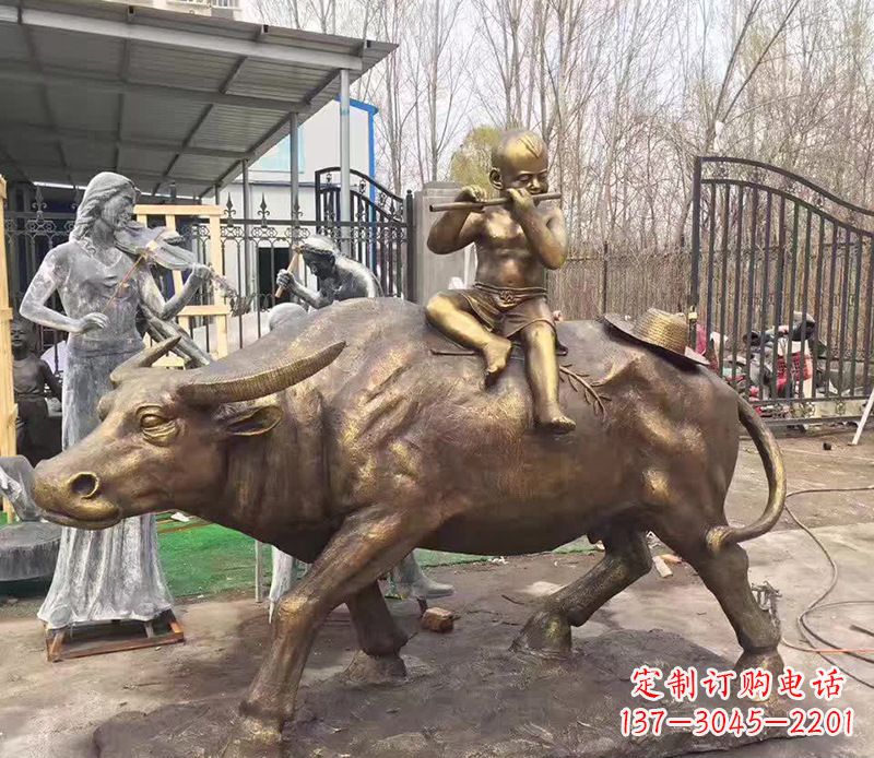 甘肃铜雕户外牧童骑牛
