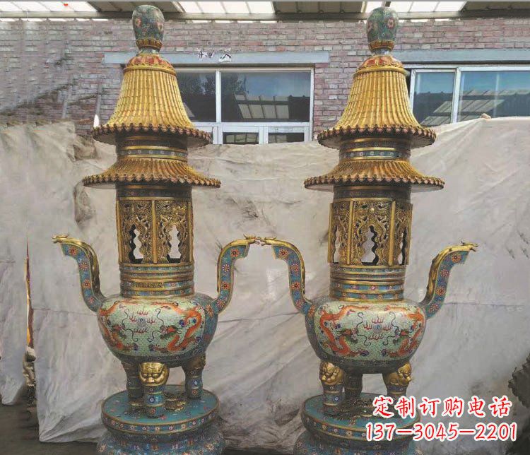 甘肃铜雕景泰蓝香炉雕塑摆件