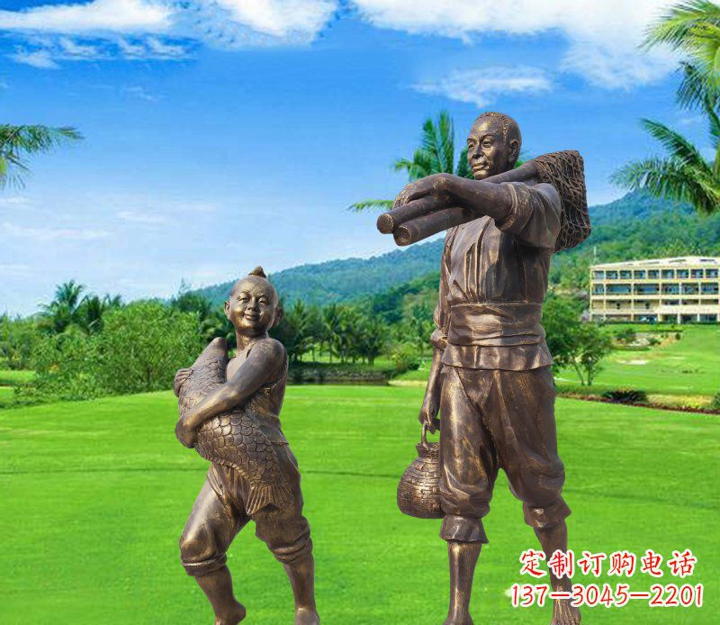 甘肃铜雕渔民父子人物雕塑
