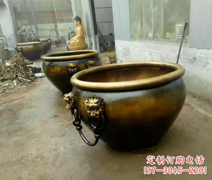 甘肃铜雕圆形荷花水缸雕塑 (2)