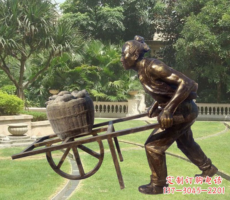 甘肃推独轮车的古人铜雕