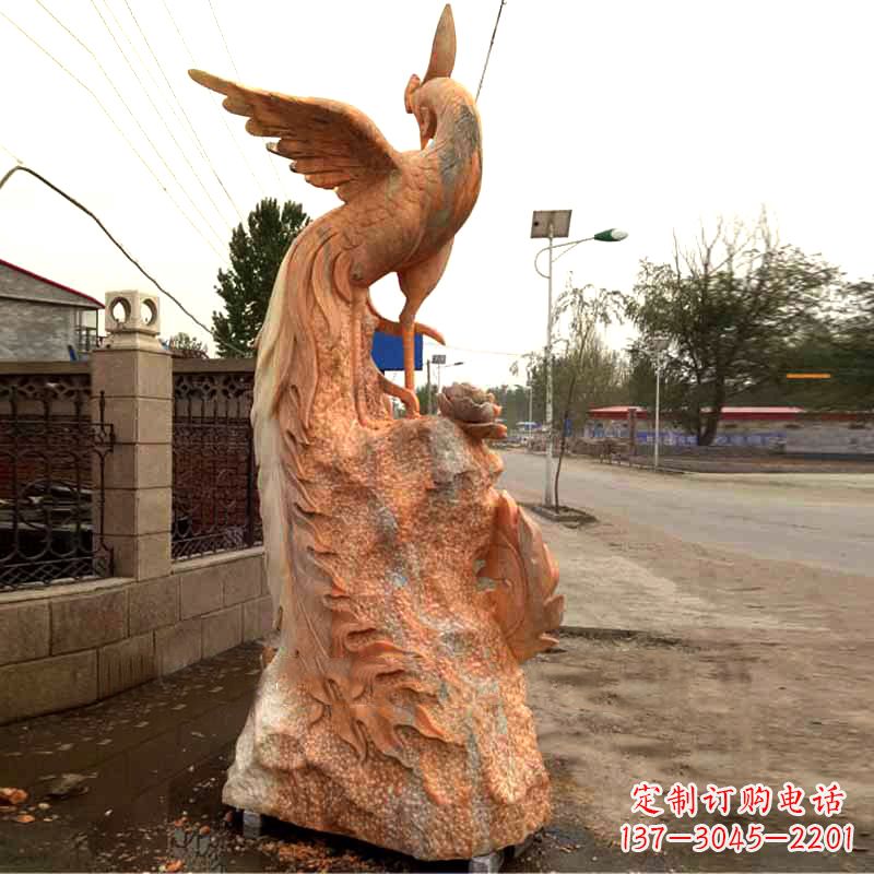 甘肃晚霞红大理石瑞鸟凤凰雕塑