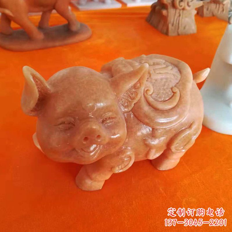 甘肃晚霞红大理石招财猪雕塑-企业商场创意生肖动物风水摆件