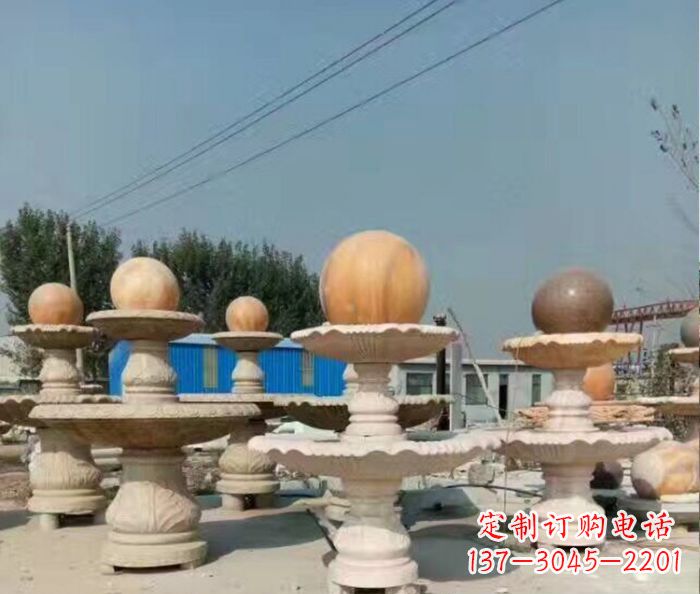 甘肃晚霞红多层风水球喷泉石雕