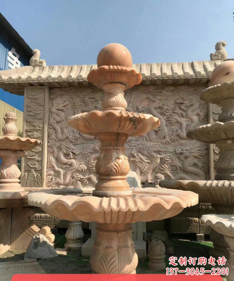 甘肃晚霞红风水球石雕喷泉 