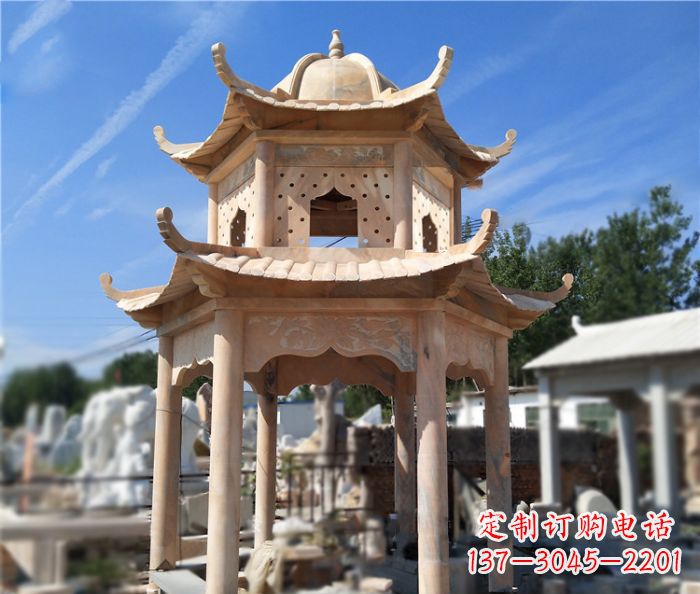 甘肃晚霞红公园双层六角凉亭石雕