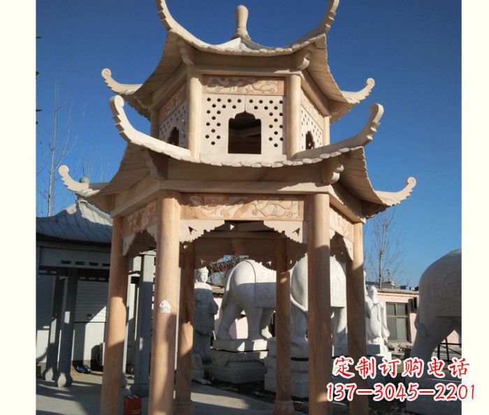 甘肃晚霞红公园双层六角凉亭石雕 (2)
