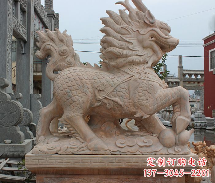 甘肃晚霞红古代神兽麒麟石雕