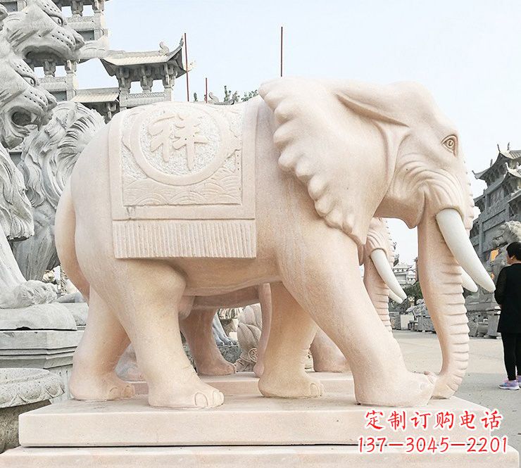 甘肃晚霞红吉祥如意大象石雕