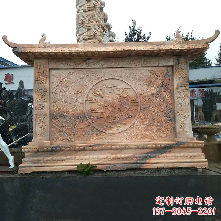 甘肃晚霞红麒麟影壁墙石雕