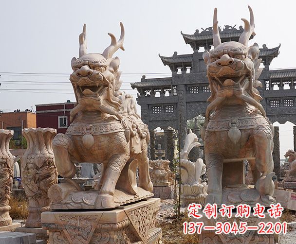 甘肃晚霞红瑞兽麒麟石雕 (2)