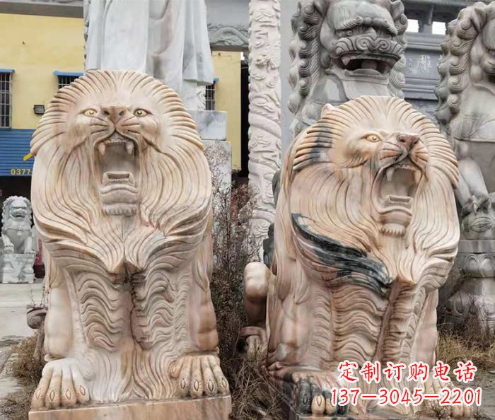 甘肃晚霞红石雕欧式石狮子