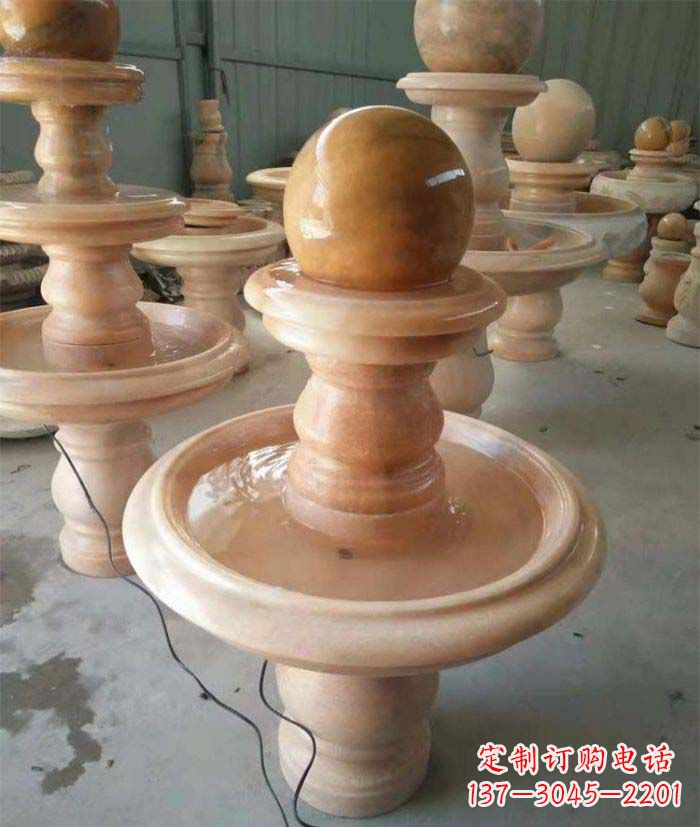 甘肃晚霞红双层风水球别墅喷泉石雕