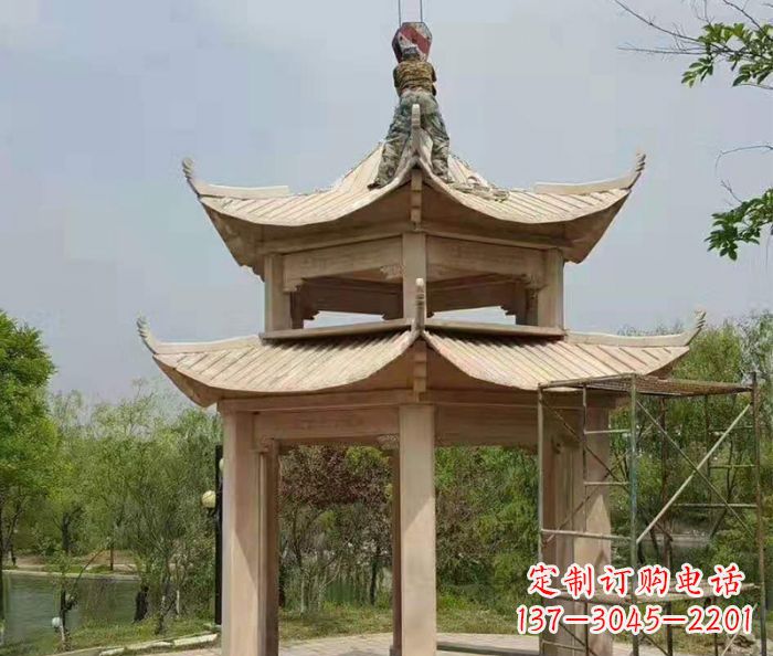 甘肃晚霞红双层凉亭石雕 (2)