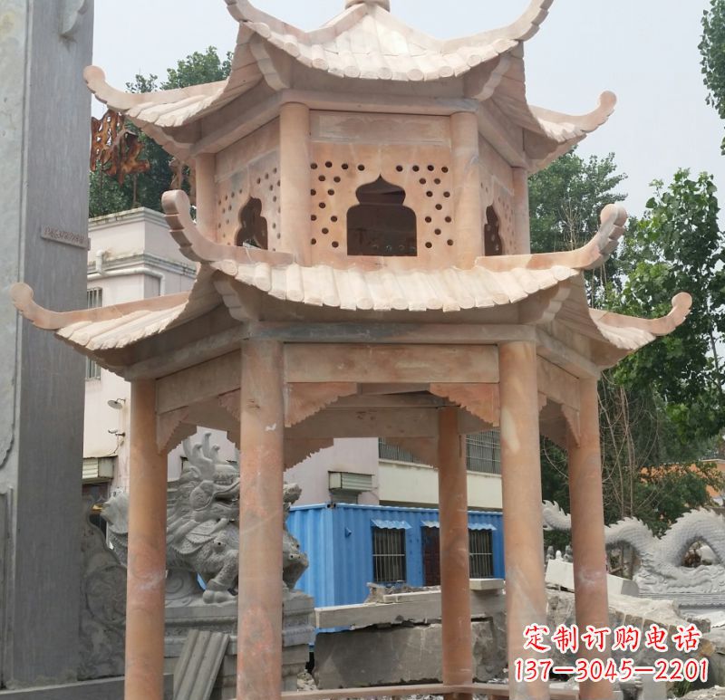 甘肃晚霞红双层六角凉亭石雕 (2)