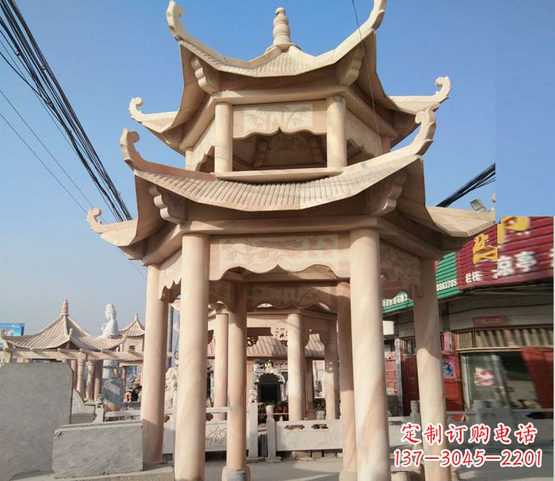甘肃晚霞红双层六角凉亭石雕 (3)
