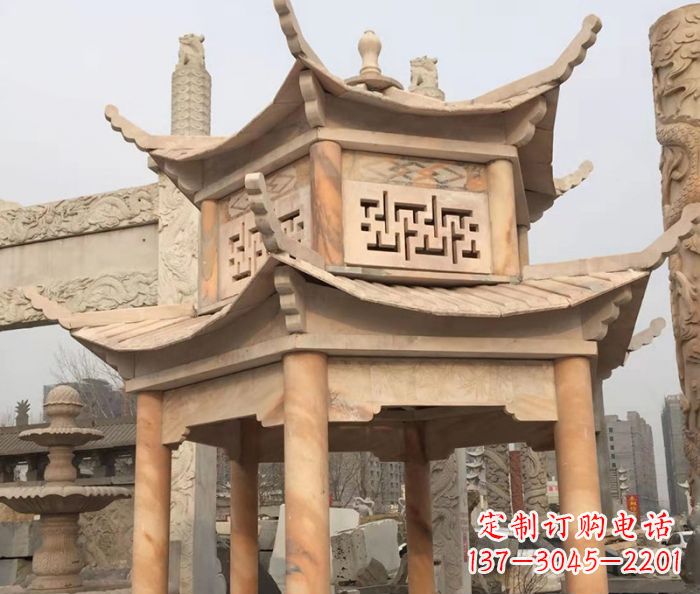 甘肃晚霞红双层石雕凉亭