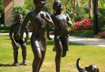 甘肃宁夏中领雕塑推出的儿童铜雕跑步遛狗，一款…
