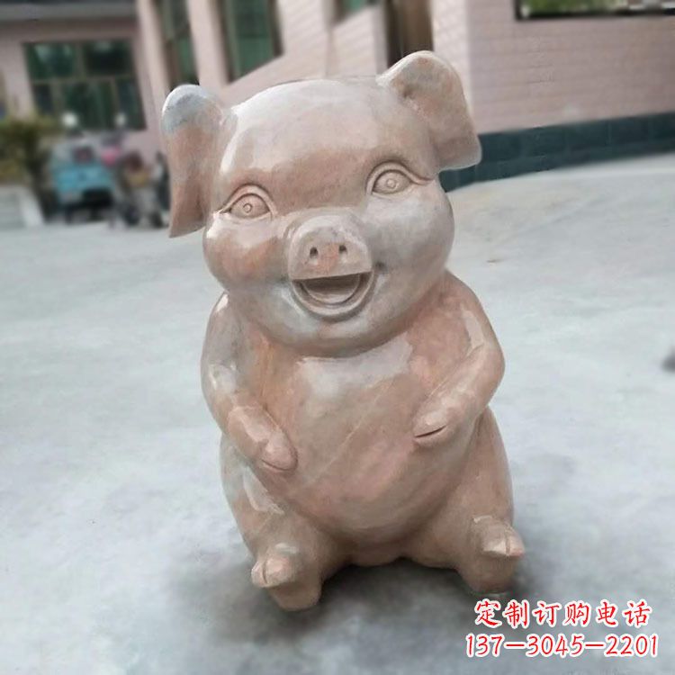 甘肃喜庆的石雕猪-晚霞红大理石生肖动物雕塑