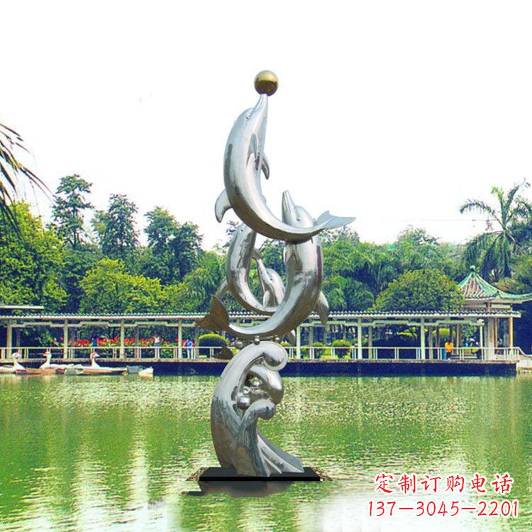 甘肃戏球不锈钢海豚雕塑-园林水景动物景观