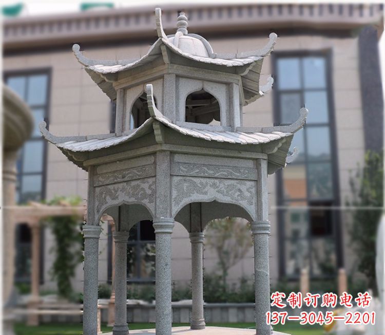 甘肃小区大理石六角石雕双层凉亭