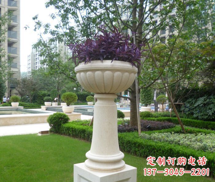 甘肃小区景观汉白玉花盆石雕 (2)