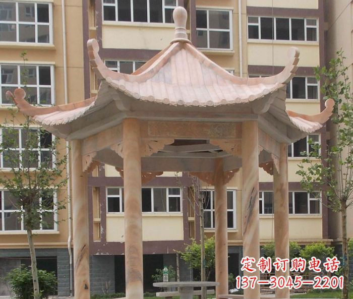 甘肃小区晚霞红六角凉亭石雕