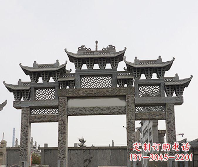 甘肃园林仿古三门牌坊石雕 (4)