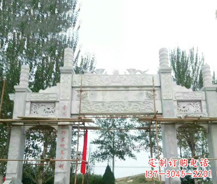 甘肃园林仿古三门牌坊石雕 (3)