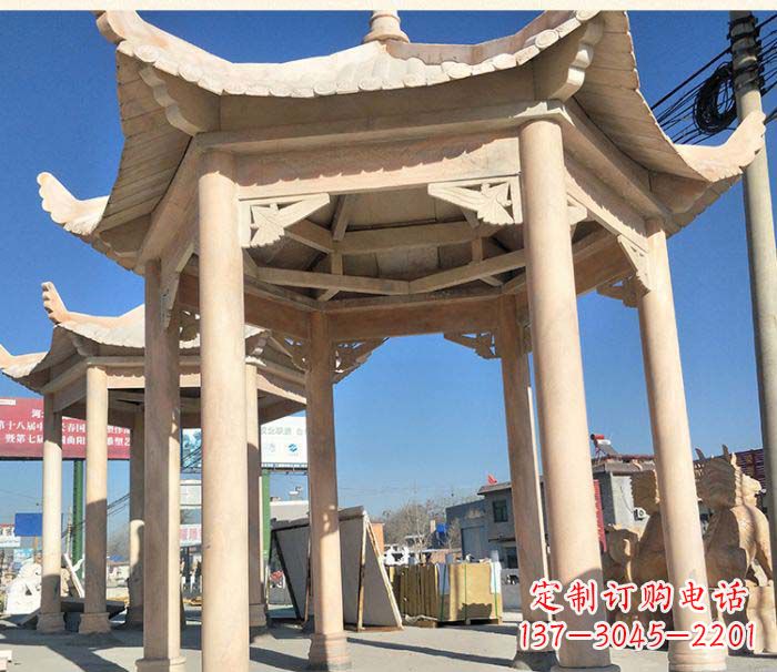 甘肃园林景观晚霞红六角石雕凉亭 (2)
