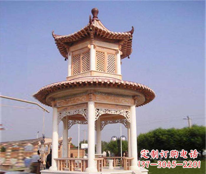 甘肃园林景观晚霞红双层石雕凉亭 (4)