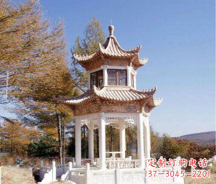 甘肃园林景观晚霞红双层石雕凉亭 (3)