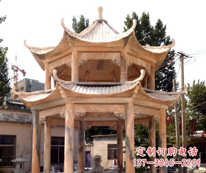 甘肃园林景观晚霞红双层石雕凉亭