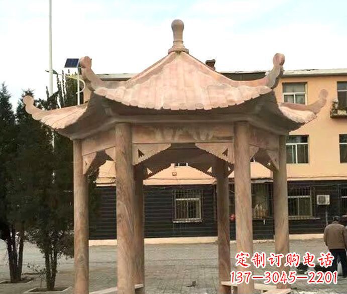 甘肃园林晚霞红六角石雕凉亭