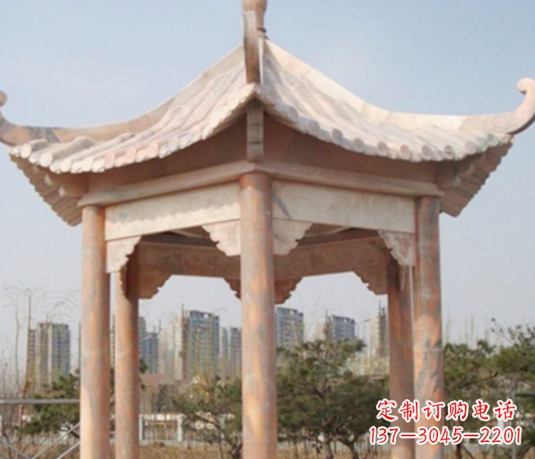 甘肃园林晚霞红六角石凉亭景观石雕