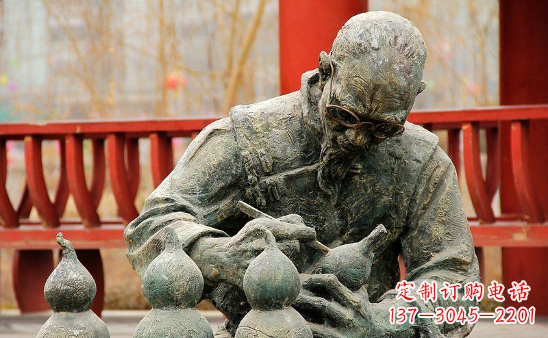 甘肃园林在葫芦上刻字的老人小品铜雕