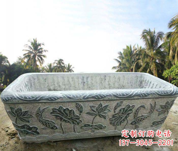甘肃长方形连年有余荷花浮雕石水缸