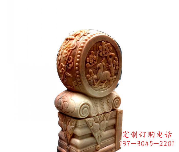 甘肃招财石门墩晚霞红抱鼓石