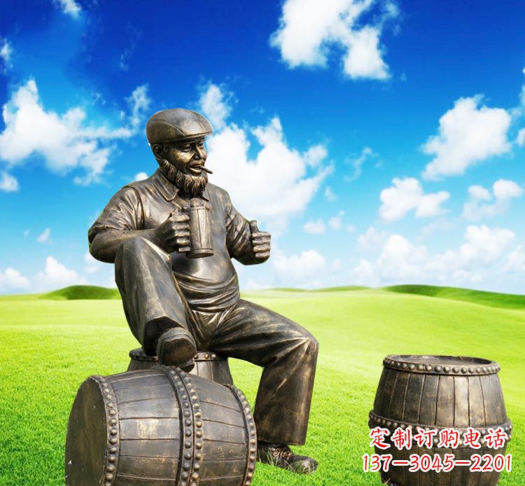 甘肃坐酒桶喝啤酒的西方人物铜雕