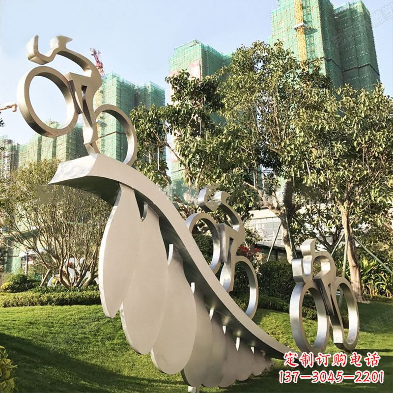 甘肃自行车雕塑-抽象不锈钢骑自行车人物景观雕塑